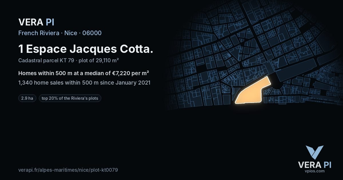 1 Espace Jacques Cotta, Nice at night – the plot lit, the parcels around coloured by the prices near them