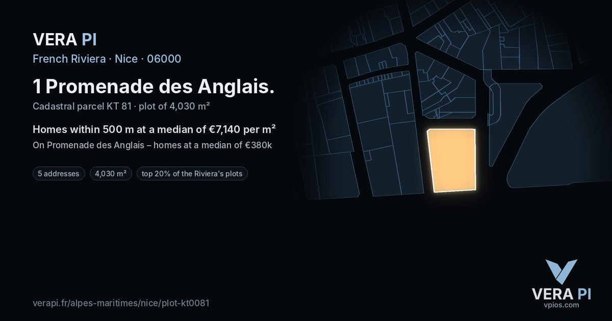 1 Promenade des Anglais, Nice at night – the plot lit, the parcels around coloured by the prices near them