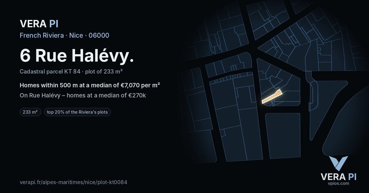 6 Rue Halévy, Nice at night – the plot lit, the parcels around coloured by the prices near them