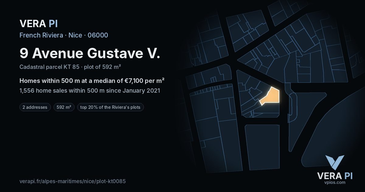 9 Avenue Gustave V, Nice at night – the plot lit, the parcels around coloured by the prices near them