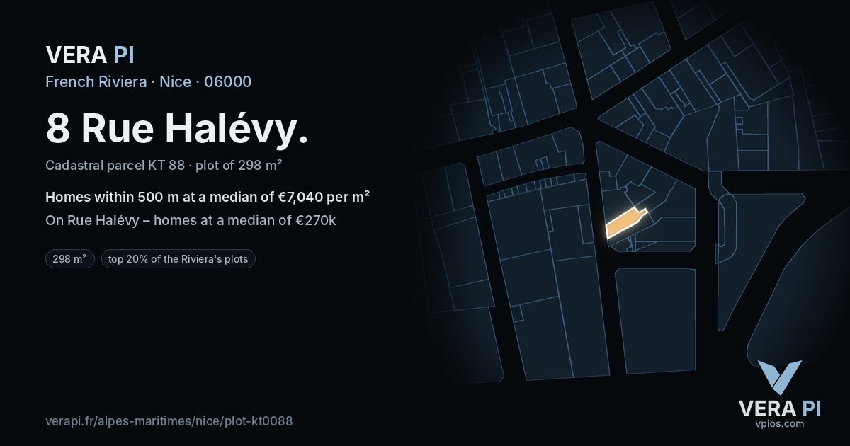 8 Rue Halévy, Nice at night – the plot lit, the parcels around coloured by the prices near them