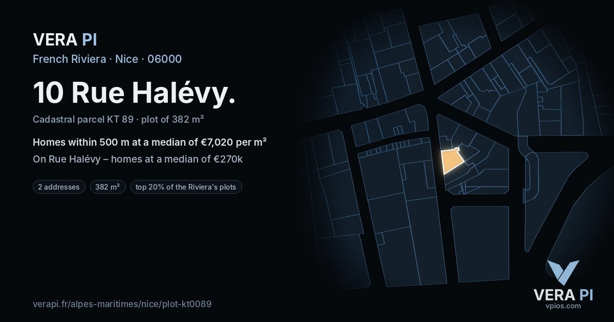 10 Rue Halévy, Nice at night – the plot lit, the parcels around coloured by the prices near them