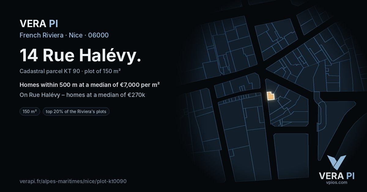 14 Rue Halévy, Nice at night – the plot lit, the parcels around coloured by the prices near them