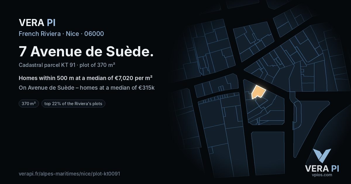 7 Avenue de Suède, Nice at night – the plot lit, the parcels around coloured by the prices near them