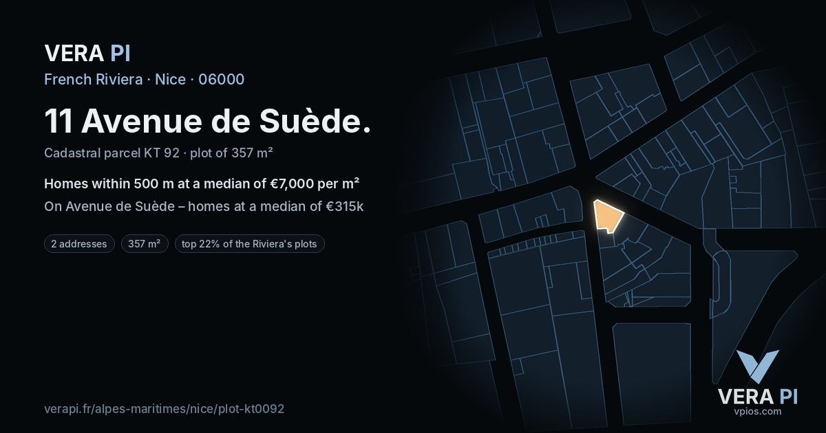 11 Avenue de Suède, Nice at night – the plot lit, the parcels around coloured by the prices near them