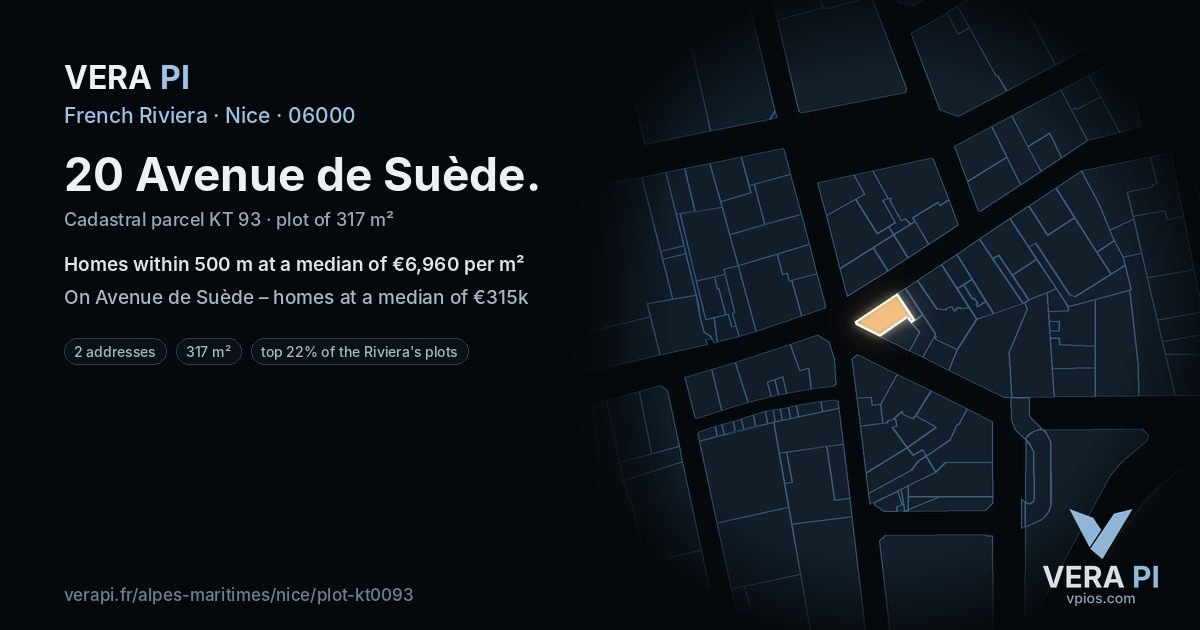 20 Avenue de Suède, Nice at night – the plot lit, the parcels around coloured by the prices near them