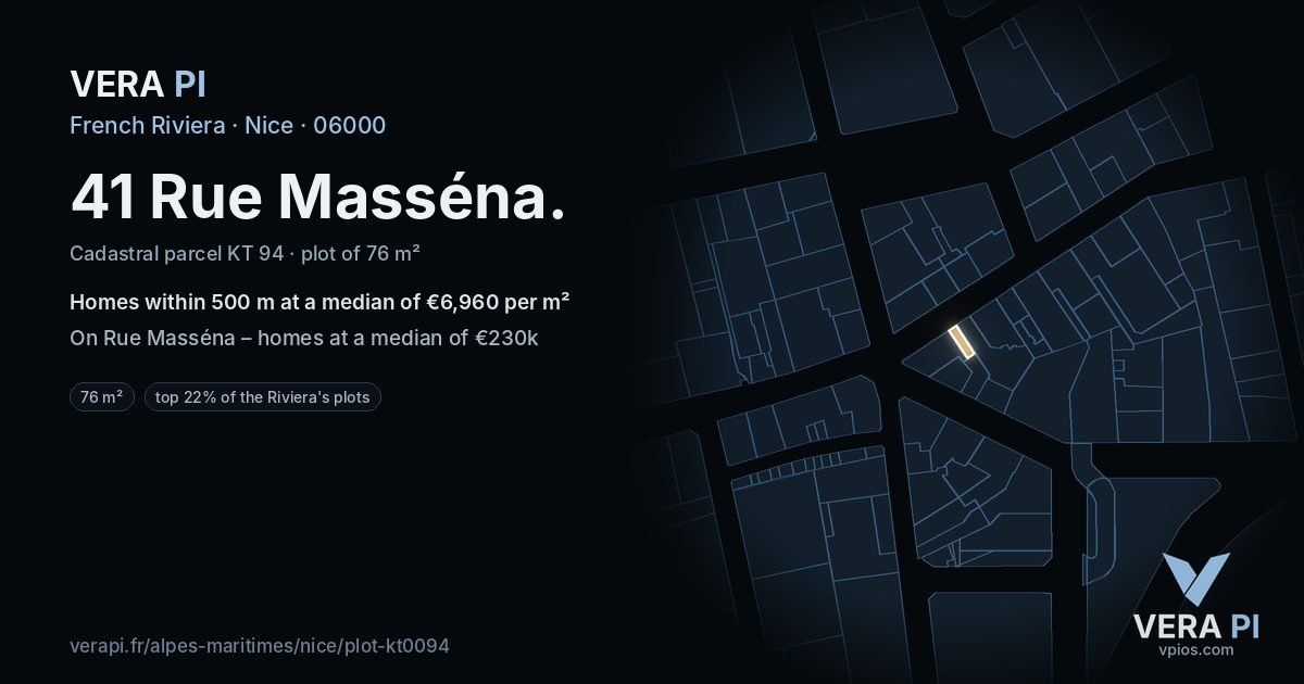 41 Rue Masséna, Nice at night – the plot lit, the parcels around coloured by the prices near them