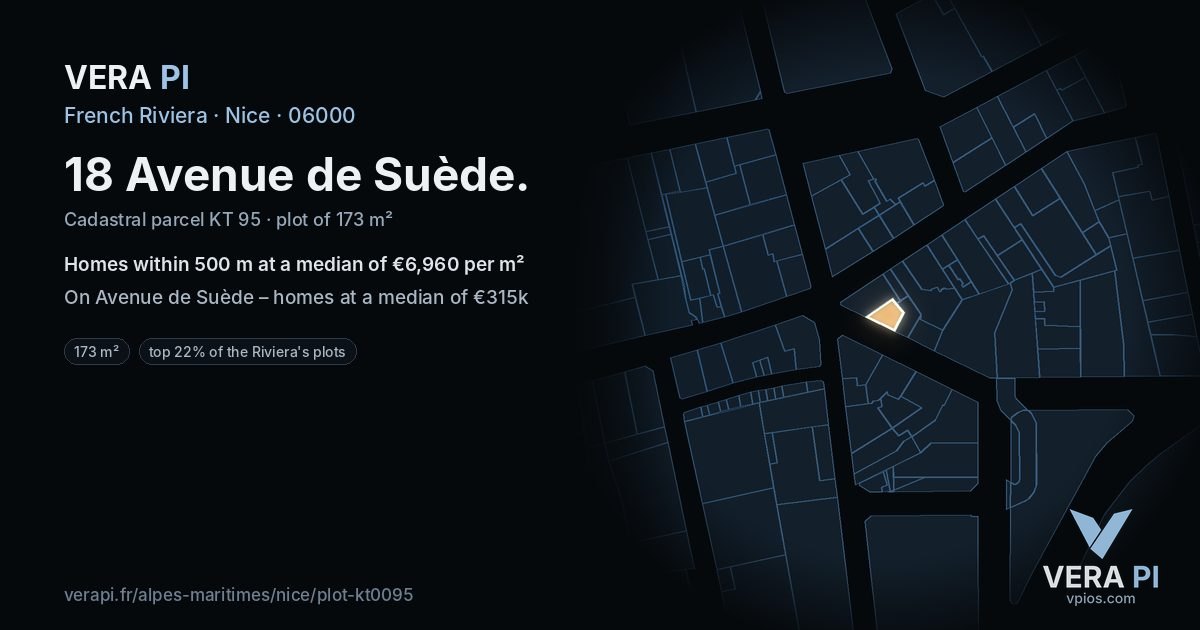 18 Avenue de Suède, Nice at night – the plot lit, the parcels around coloured by the prices near them