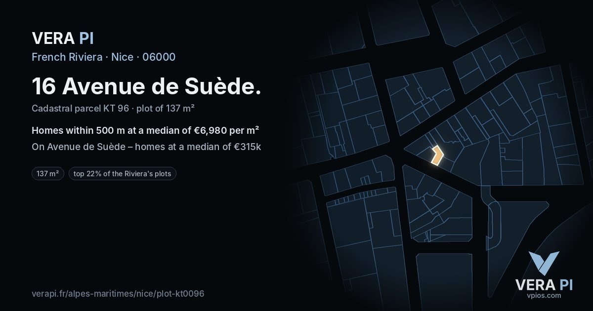 16 Avenue de Suède, Nice at night – the plot lit, the parcels around coloured by the prices near them