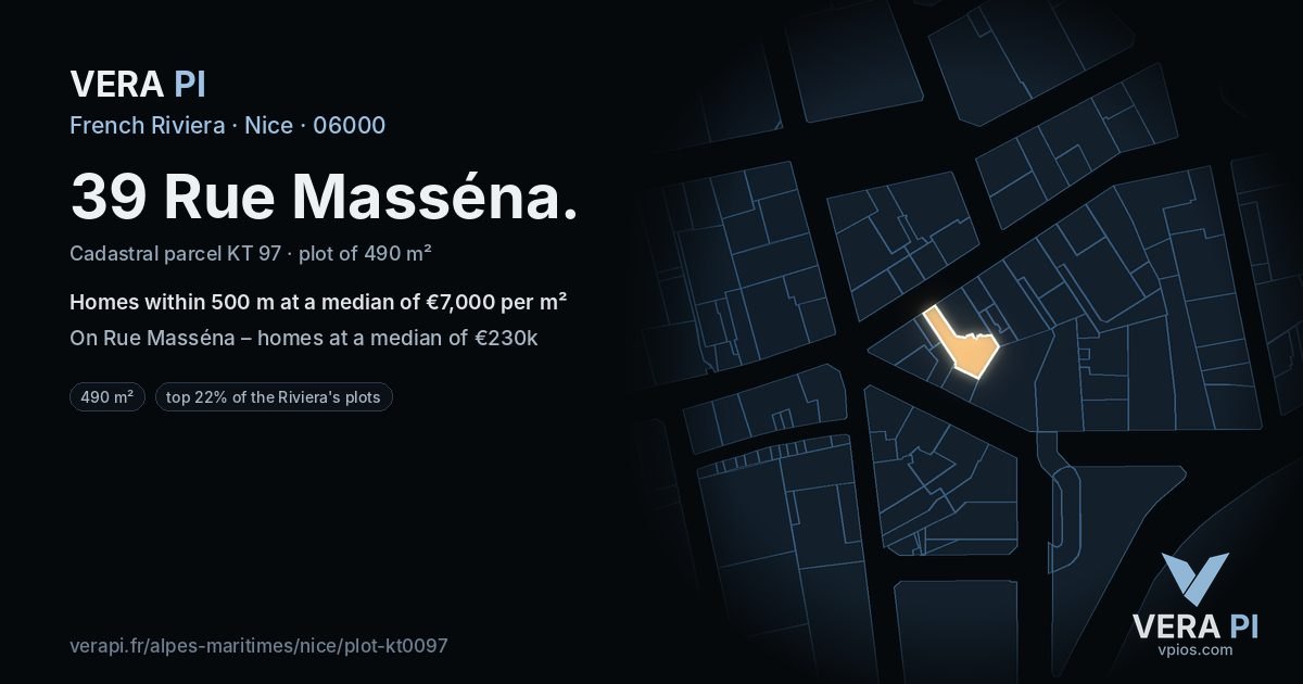 39 Rue Masséna, Nice at night – the plot lit, the parcels around coloured by the prices near them