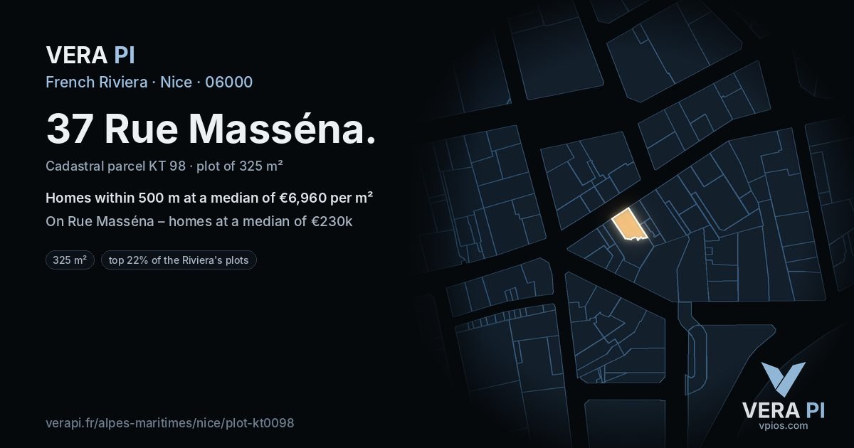 37 Rue Masséna, Nice at night – the plot lit, the parcels around coloured by the prices near them