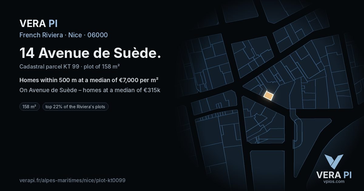 14 Avenue de Suède, Nice at night – the plot lit, the parcels around coloured by the prices near them