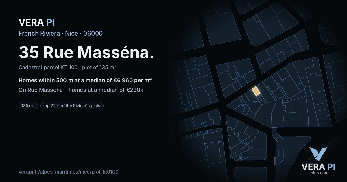 35 Rue Masséna, Nice at night – the plot lit, the parcels around coloured by the prices near them