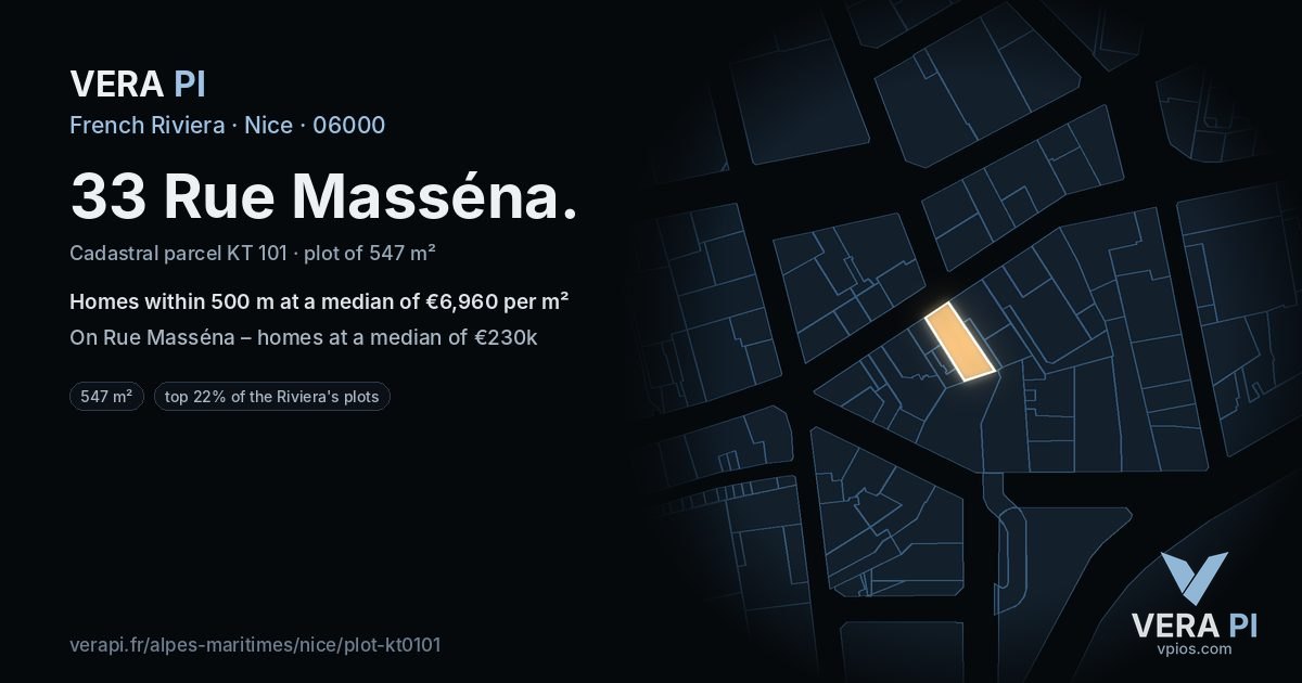 33 Rue Masséna, Nice at night – the plot lit, the parcels around coloured by the prices near them