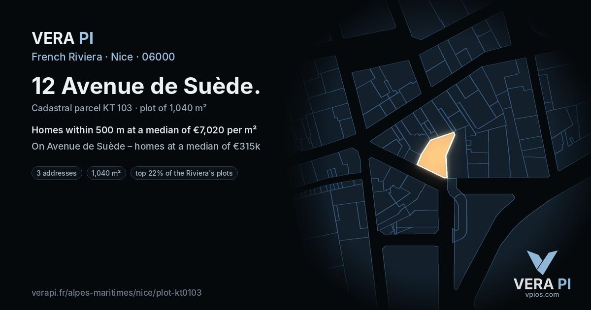 12 Avenue de Suède, Nice at night – the plot lit, the parcels around coloured by the prices near them