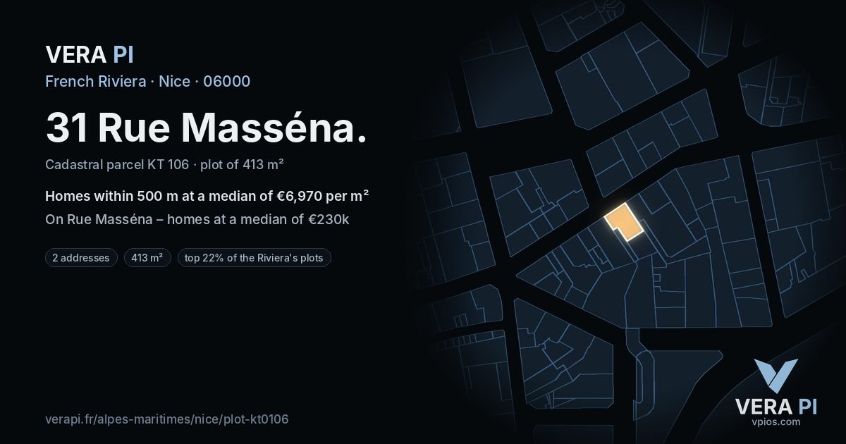 31 Rue Masséna, Nice at night – the plot lit, the parcels around coloured by the prices near them