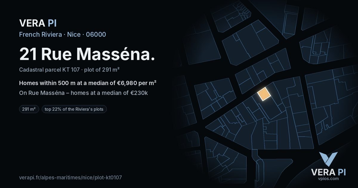 21 Rue Masséna, Nice at night – the plot lit, the parcels around coloured by the prices near them