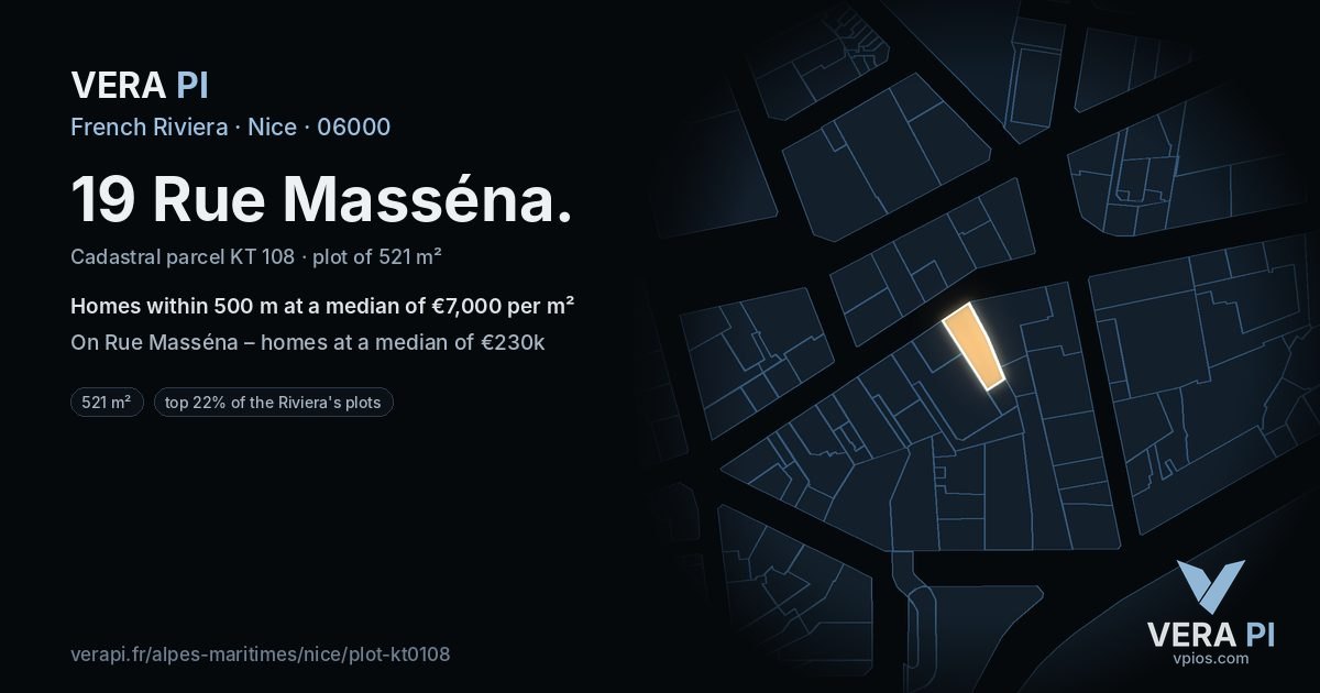 19 Rue Masséna, Nice at night – the plot lit, the parcels around coloured by the prices near them