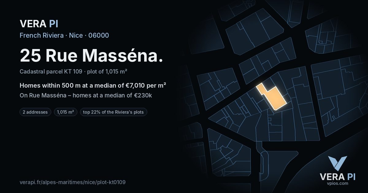 25 Rue Masséna, Nice at night – the plot lit, the parcels around coloured by the prices near them