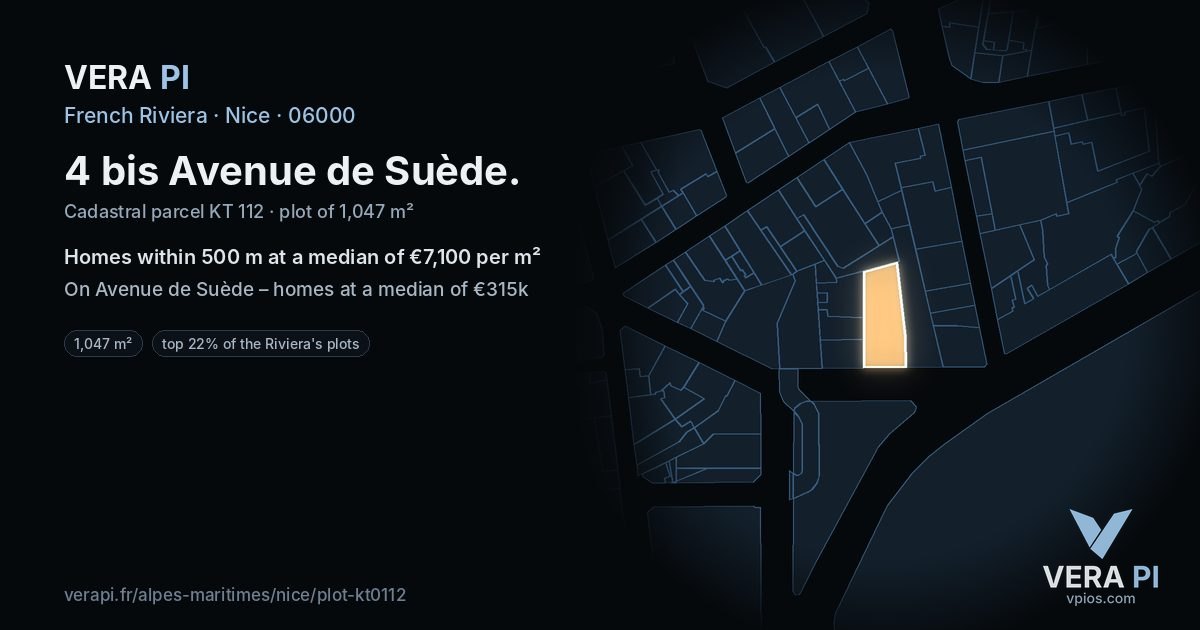 4 bis Avenue de Suède, Nice at night – the plot lit, the parcels around coloured by the prices near them