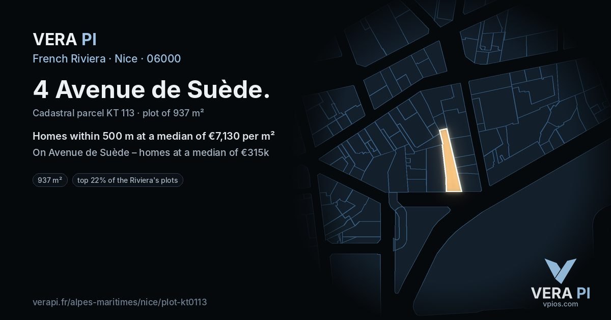4 Avenue de Suède, Nice at night – the plot lit, the parcels around coloured by the prices near them