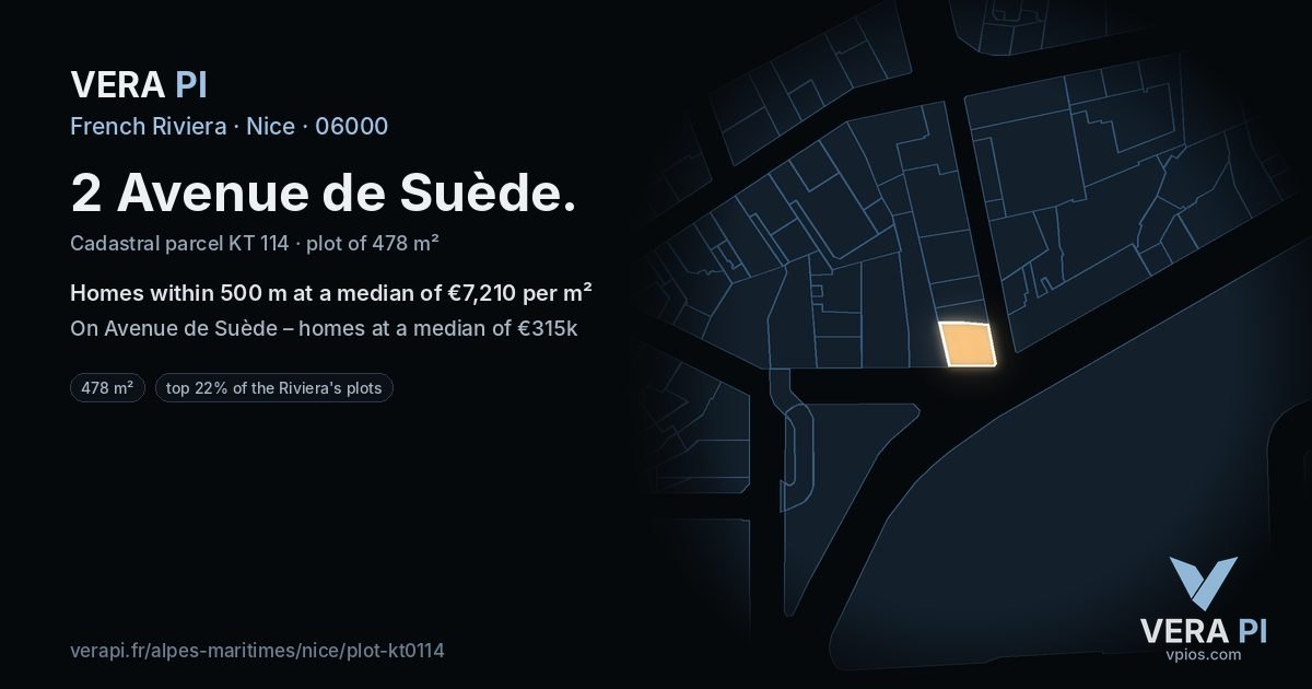 2 Avenue de Suède, Nice at night – the plot lit, the parcels around coloured by the prices near them
