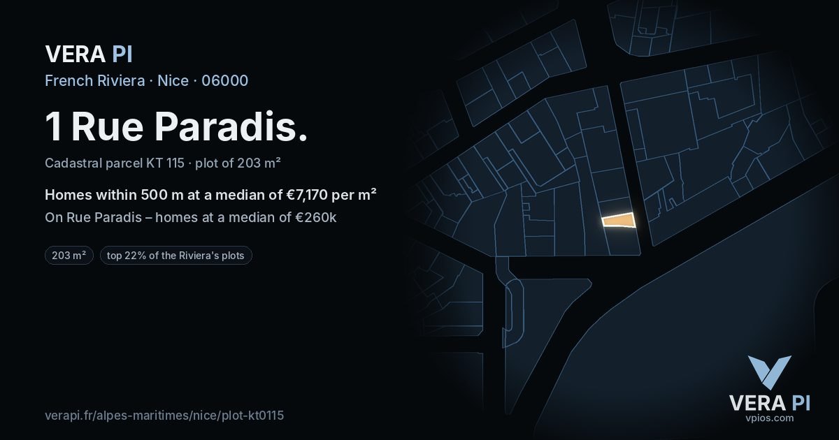 1 Rue Paradis, Nice at night – the plot lit, the parcels around coloured by the prices near them