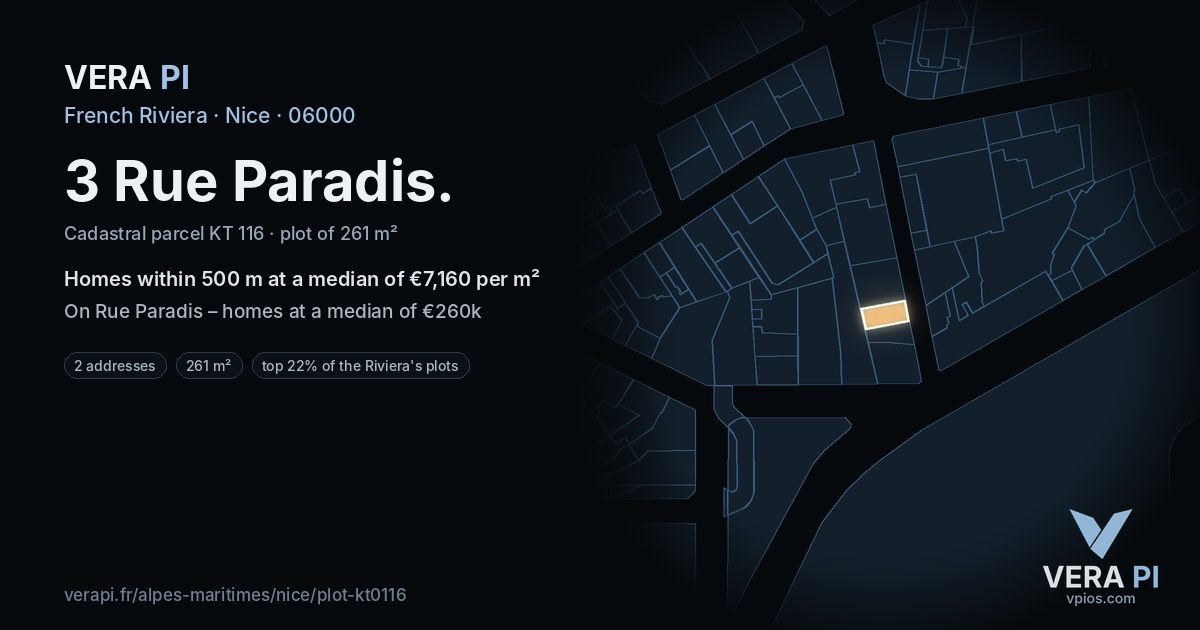 3 Rue Paradis, Nice at night – the plot lit, the parcels around coloured by the prices near them