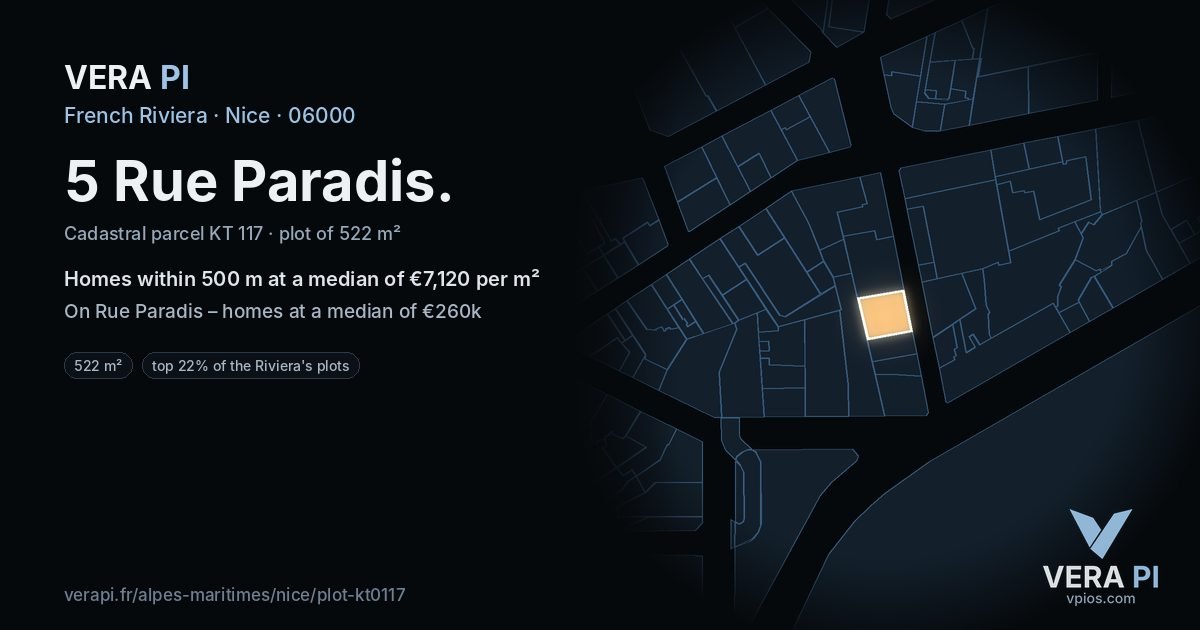 5 Rue Paradis, Nice at night – the plot lit, the parcels around coloured by the prices near them