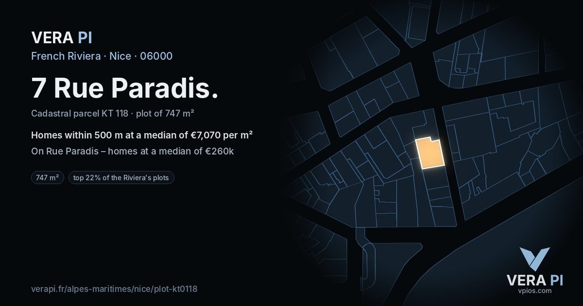 7 Rue Paradis, Nice at night – the plot lit, the parcels around coloured by the prices near them