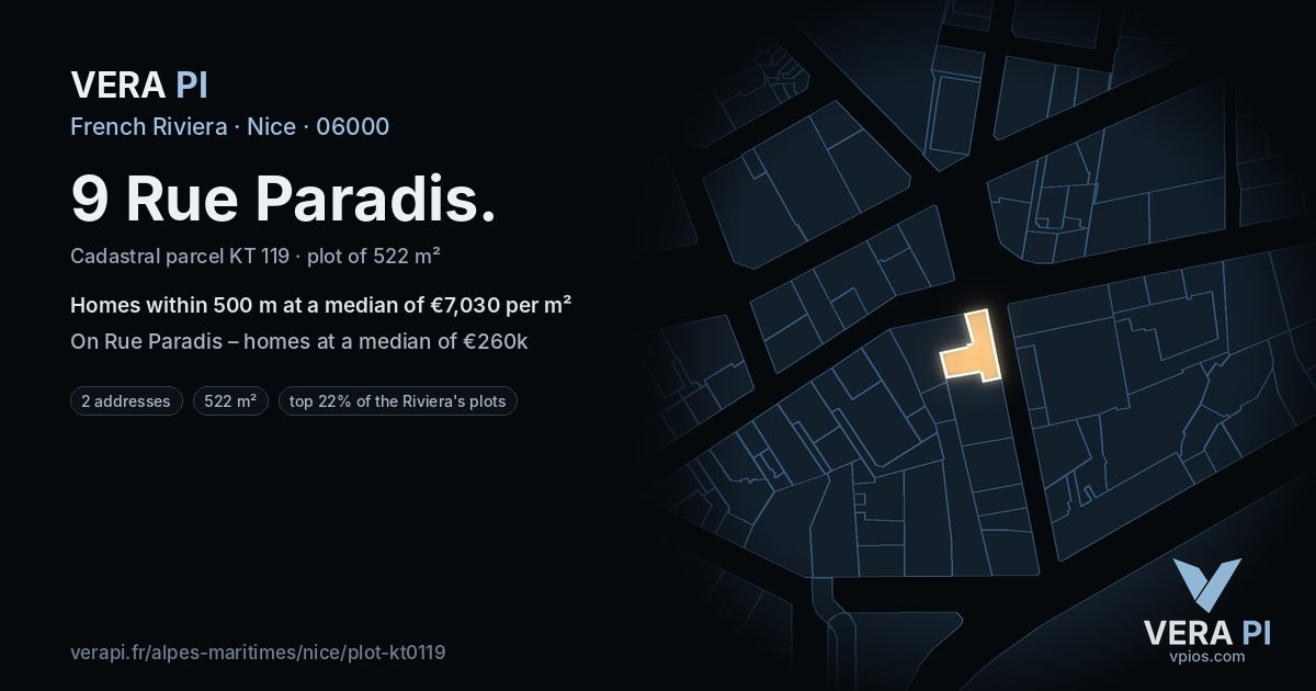 9 Rue Paradis, Nice at night – the plot lit, the parcels around coloured by the prices near them