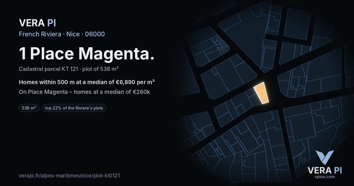 1 Place Magenta, Nice at night – the plot lit, the parcels around coloured by the prices near them