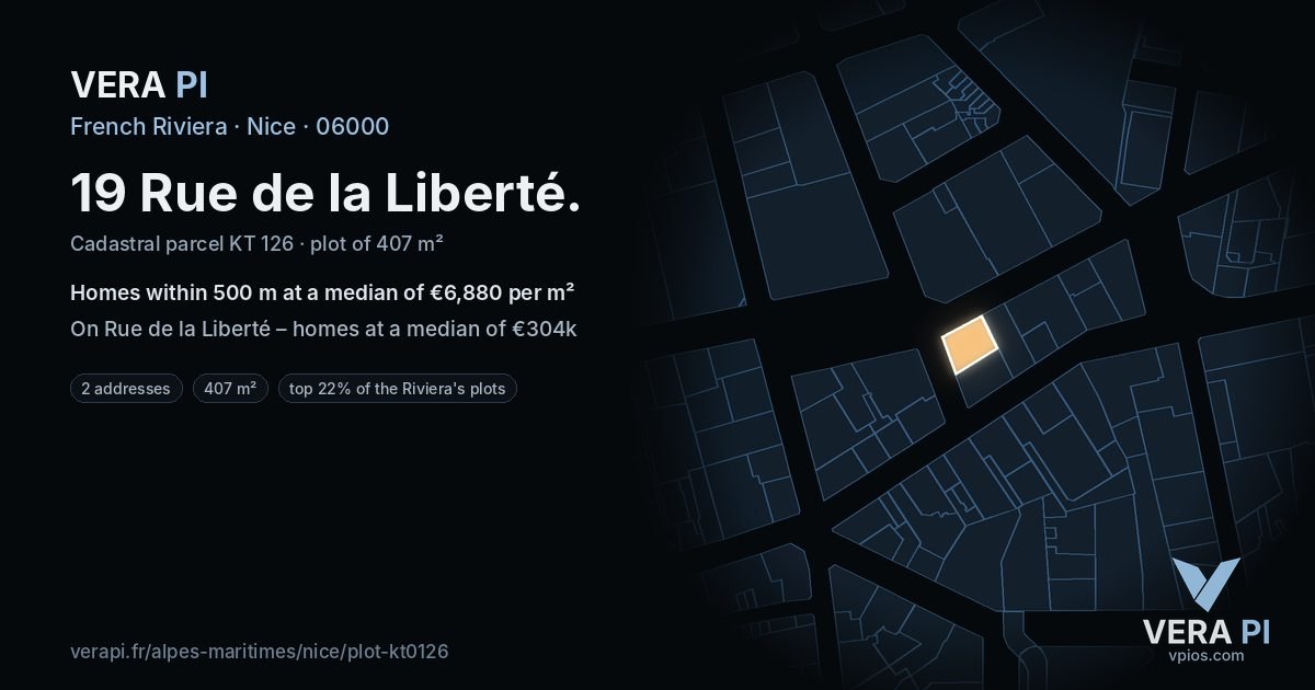 19 Rue de la Liberté, Nice at night – the plot lit, the parcels around coloured by the prices near them