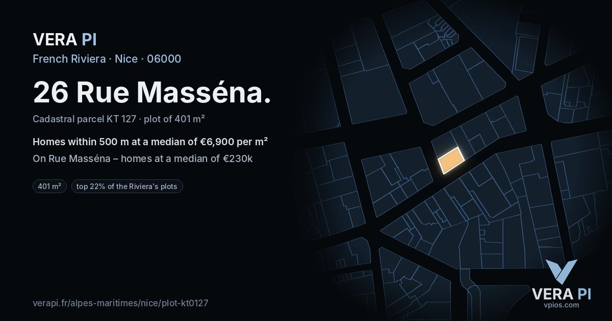 26 Rue Masséna, Nice at night – the plot lit, the parcels around coloured by the prices near them