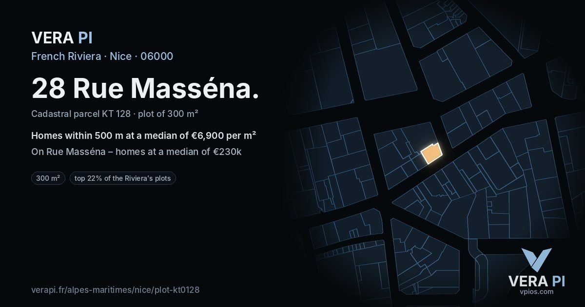28 Rue Masséna, Nice at night – the plot lit, the parcels around coloured by the prices near them
