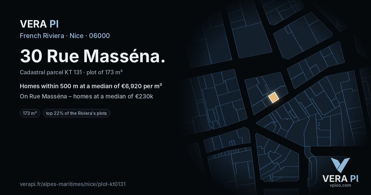 30 Rue Masséna, Nice at night – the plot lit, the parcels around coloured by the prices near them