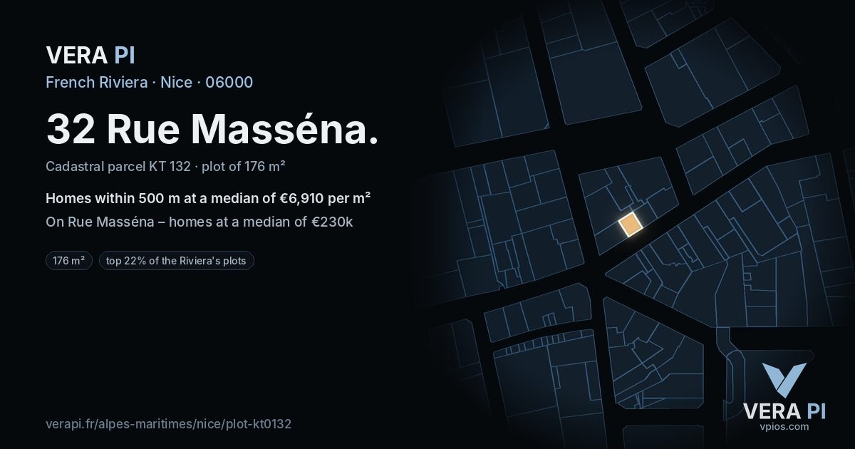 32 Rue Masséna, Nice at night – the plot lit, the parcels around coloured by the prices near them