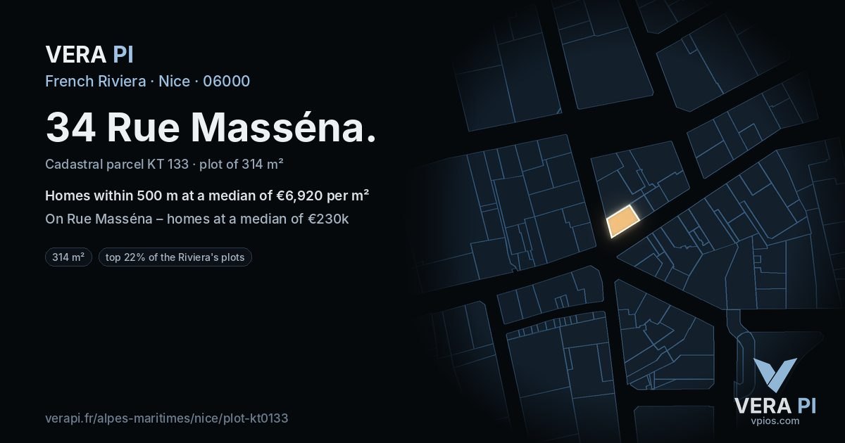 34 Rue Masséna, Nice at night – the plot lit, the parcels around coloured by the prices near them