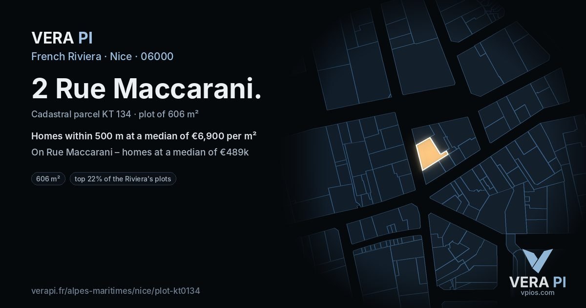 2 Rue Maccarani, Nice at night – the plot lit, the parcels around coloured by the prices near them
