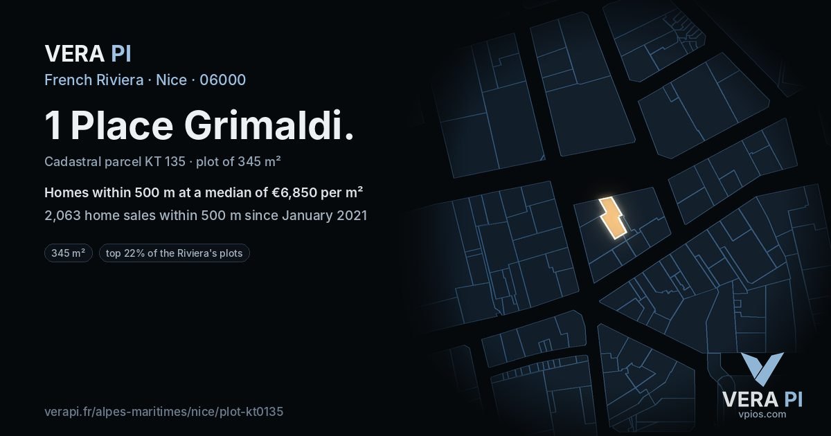 1 Place Grimaldi, Nice at night – the plot lit, the parcels around coloured by the prices near them