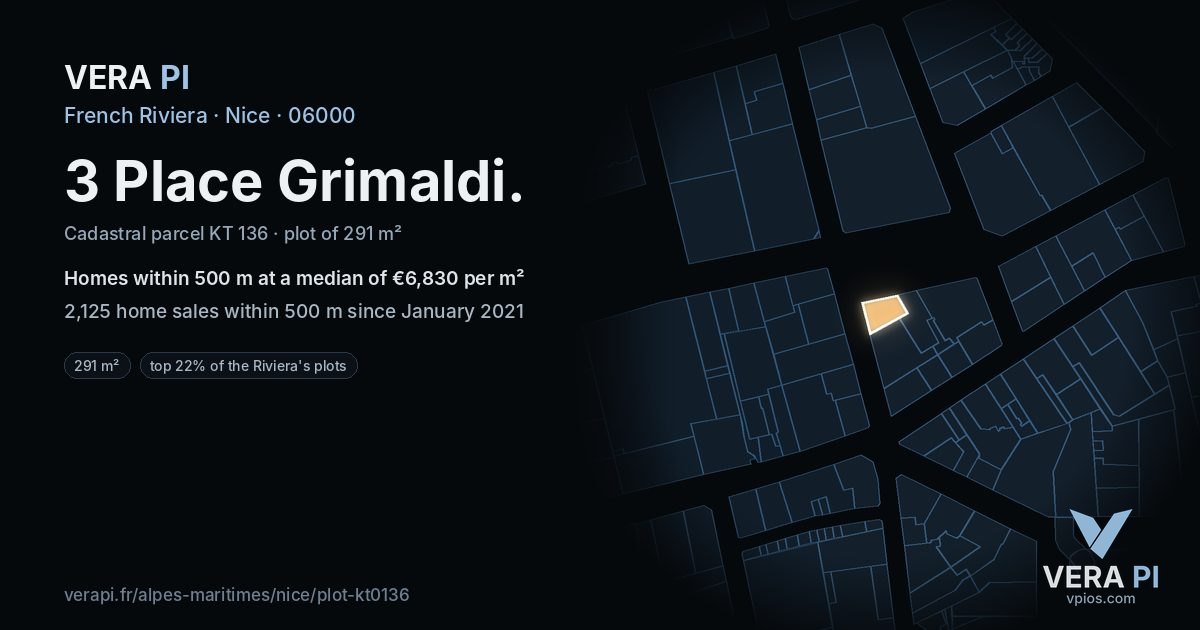 3 Place Grimaldi, Nice at night – the plot lit, the parcels around coloured by the prices near them
