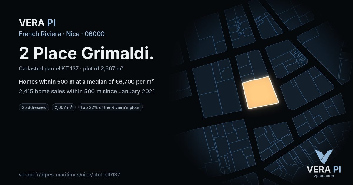 2 Place Grimaldi, Nice at night – the plot lit, the parcels around coloured by the prices near them