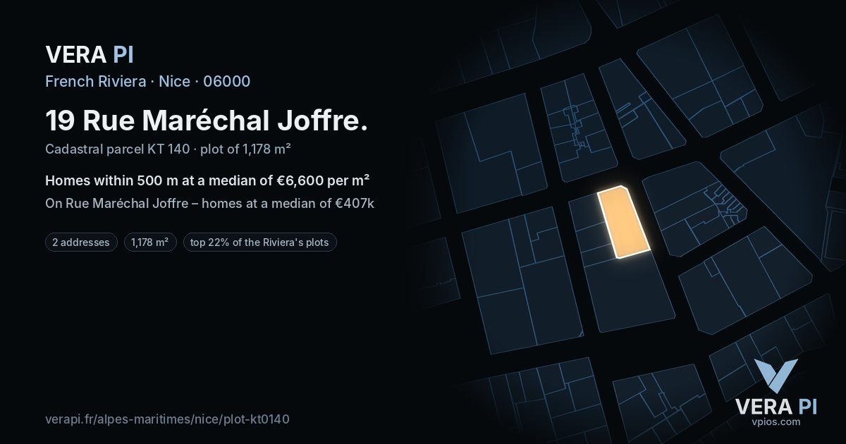 19 Rue Maréchal Joffre, Nice at night – the plot lit, the parcels around coloured by the prices near them