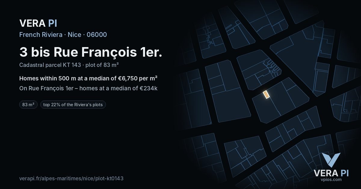 3 bis Rue François 1er, Nice at night – the plot lit, the parcels around coloured by the prices near them