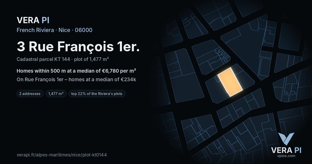 3 Rue François 1er, Nice at night – the plot lit, the parcels around coloured by the prices near them