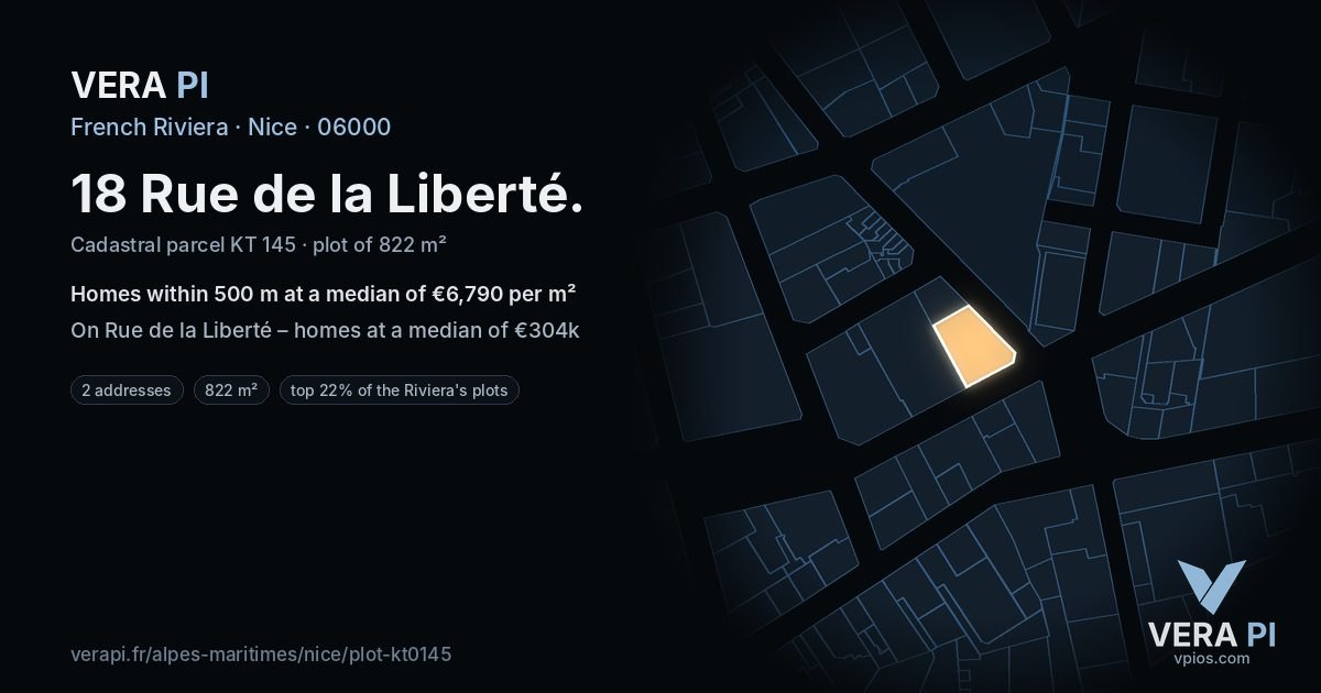 18 Rue de la Liberté, Nice at night – the plot lit, the parcels around coloured by the prices near them