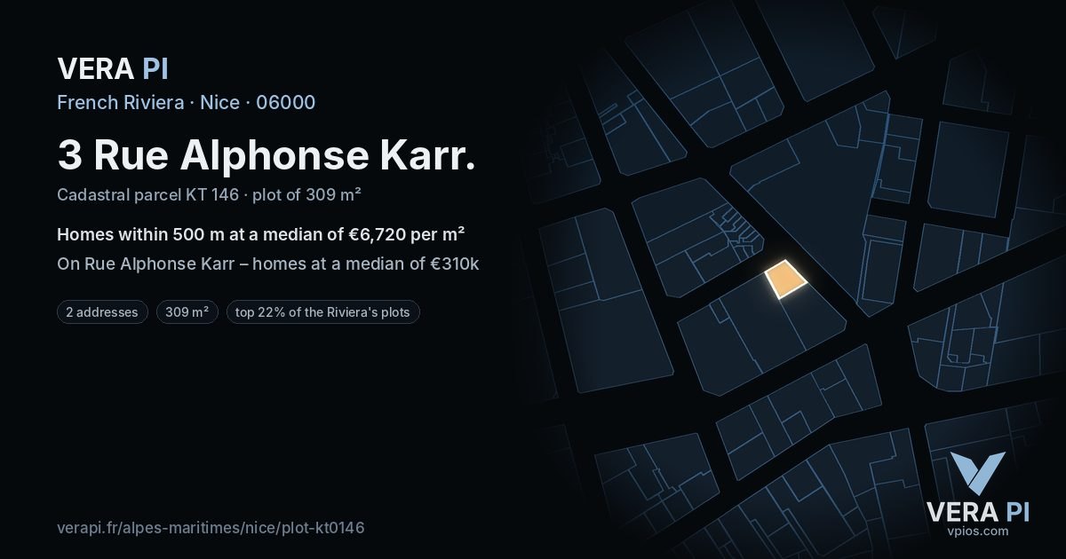 3 Rue Alphonse Karr, Nice at night – the plot lit, the parcels around coloured by the prices near them