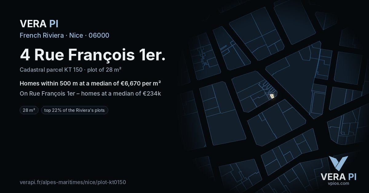 4 Rue François 1er, Nice at night – the plot lit, the parcels around coloured by the prices near them