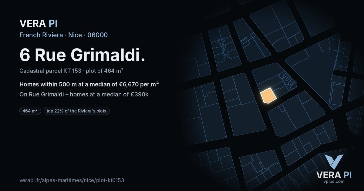 6 Rue Grimaldi, Nice at night – the plot lit, the parcels around coloured by the prices near them