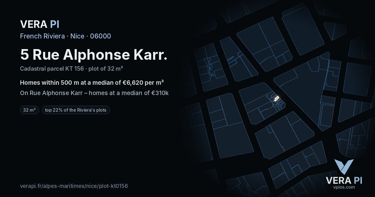 5 Rue Alphonse Karr, Nice at night – the plot lit, the parcels around coloured by the prices near them